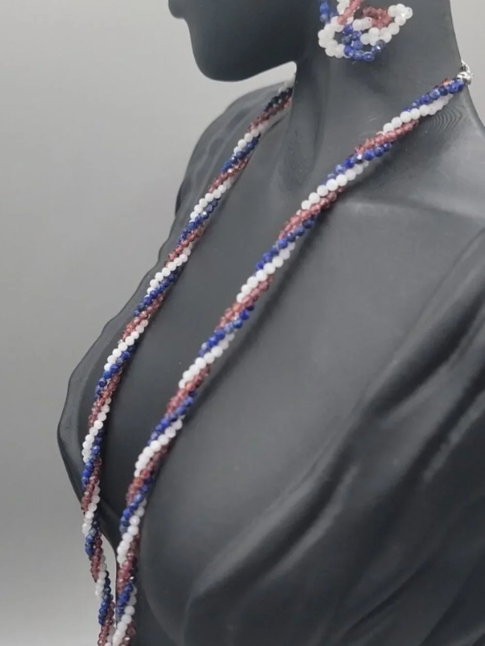 BBJ Sterling Silver Patriotic Red White Blue Beaded Rope Necklace Earrings Set